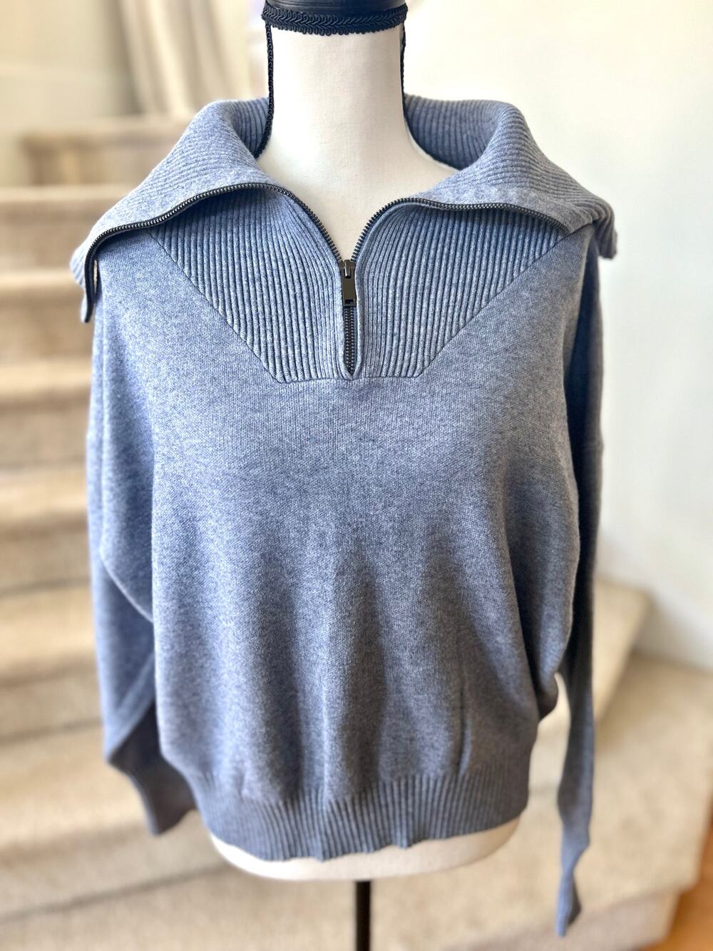 Tahari Steel Blue Ribbed Johnny Collar Quarter Zip Long Sleeve Sweater